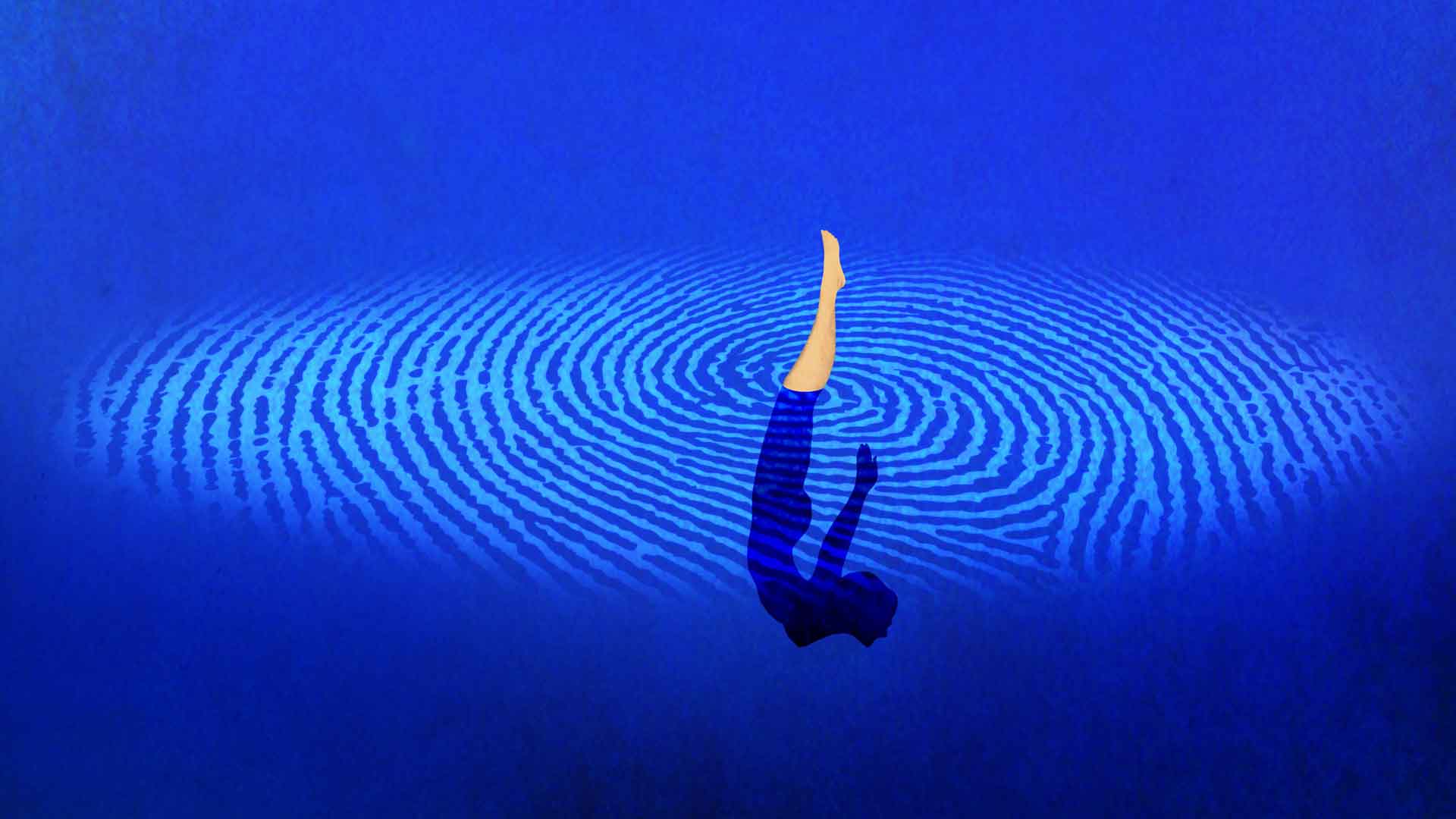 Surreal figure diving through blue concentric circles