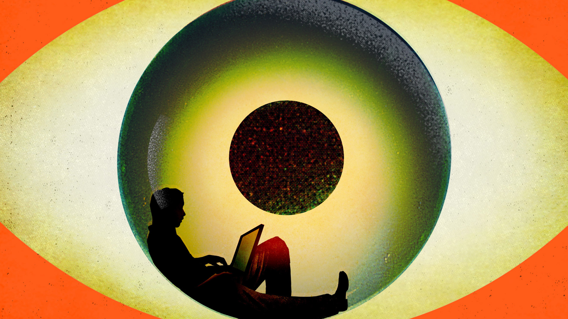 Silhouette with laptop inside an eye iris