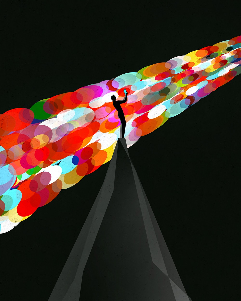 Figure on peak with colorful bubble stream against dark background