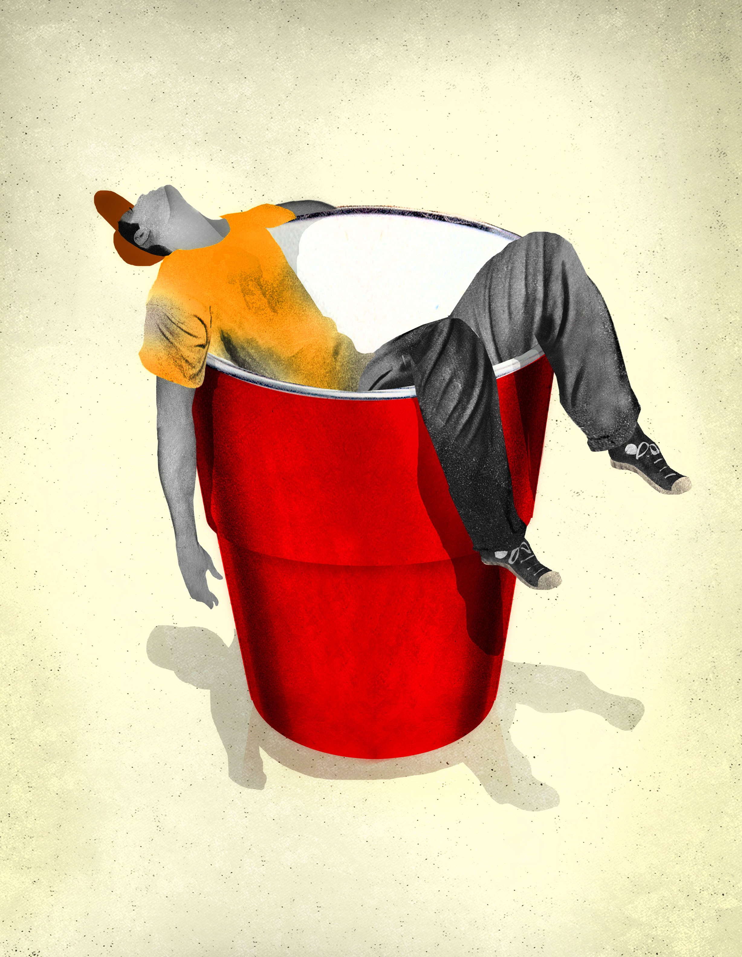 Man collapsing into red bucket illustration