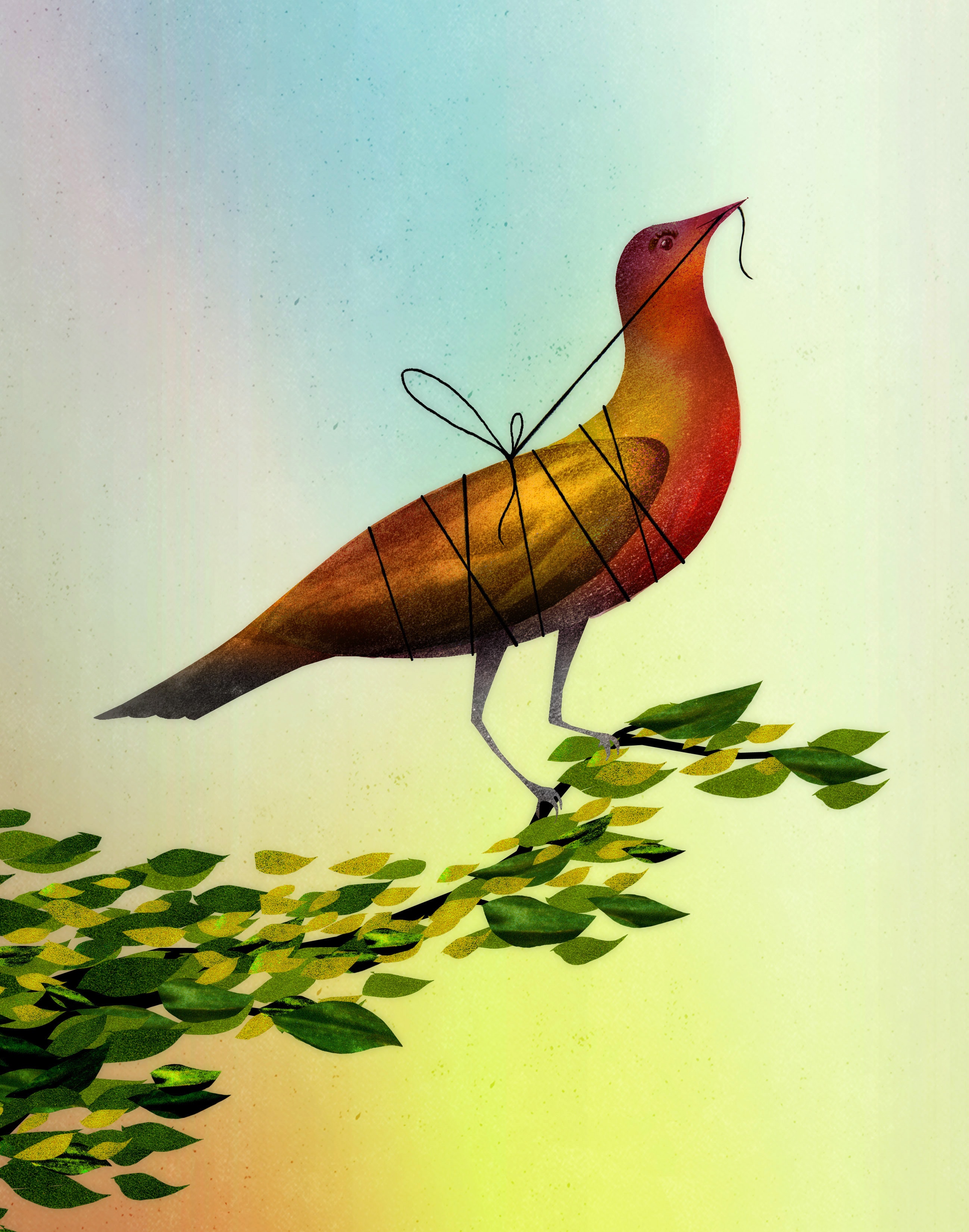 Stylized bird perched on branch illustration