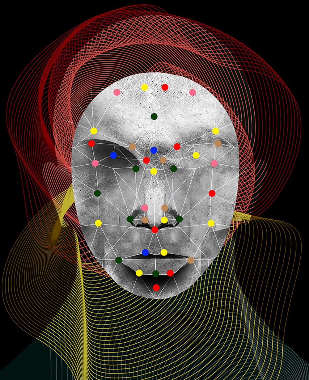 Face with geometric mesh and colorful data point nodes