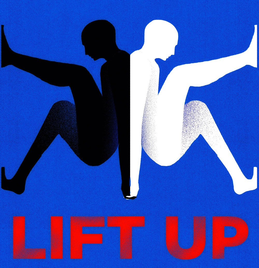 Black and white silhouettes on blue background with Lift Up text