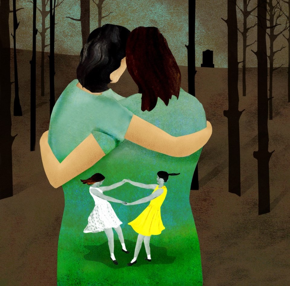 Woman hugging in forest illustration