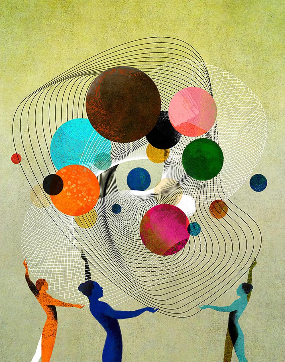 Figures holding colorful spheres in orbital web