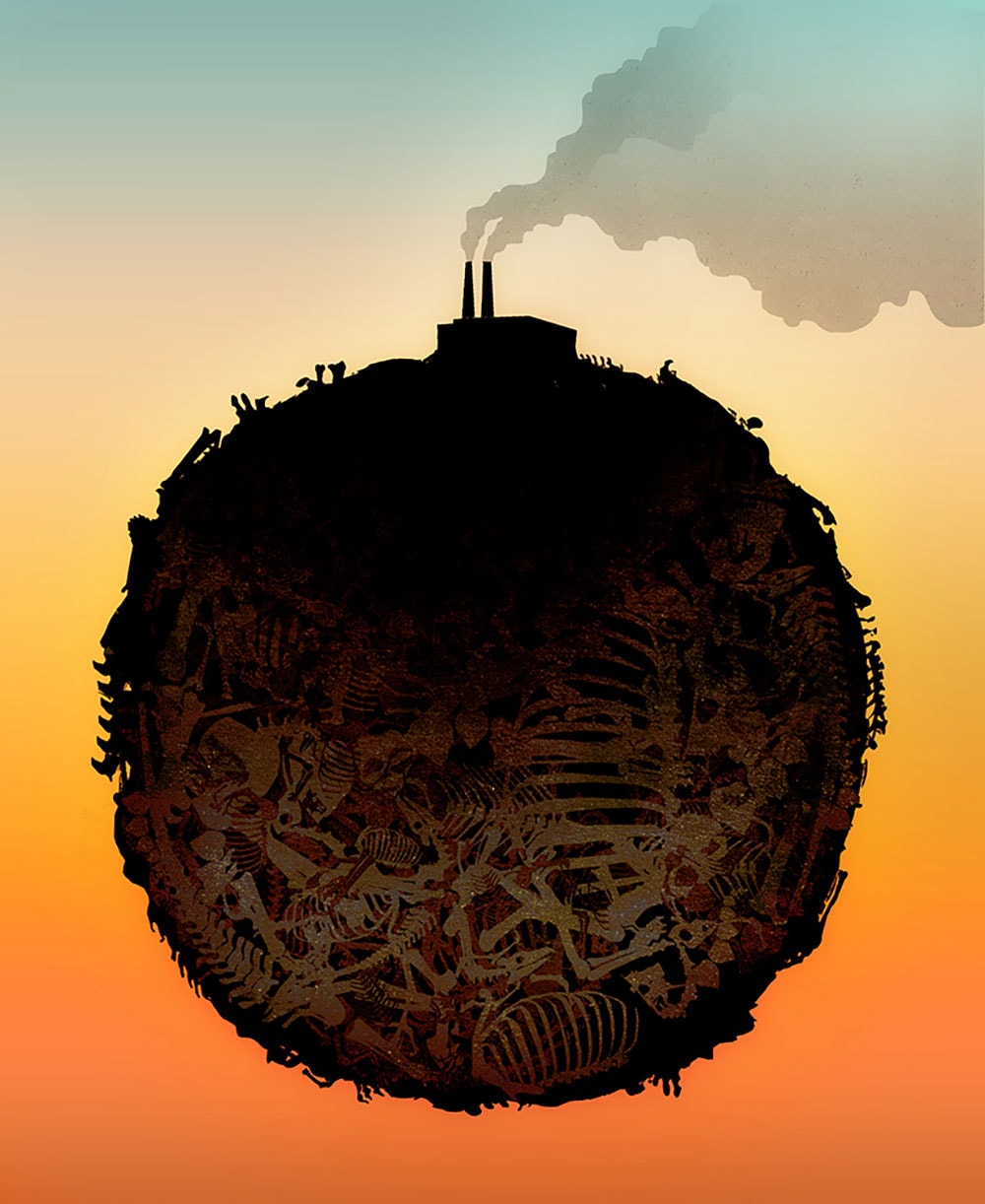 Round structure with smoke rising illustration