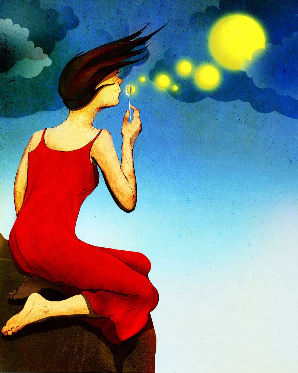 Woman seated in red dress