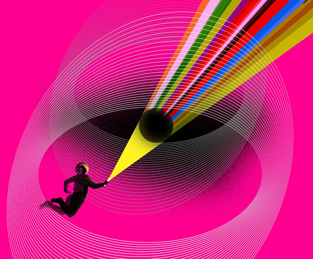 Figure with giant eye and rainbow beams on pink background