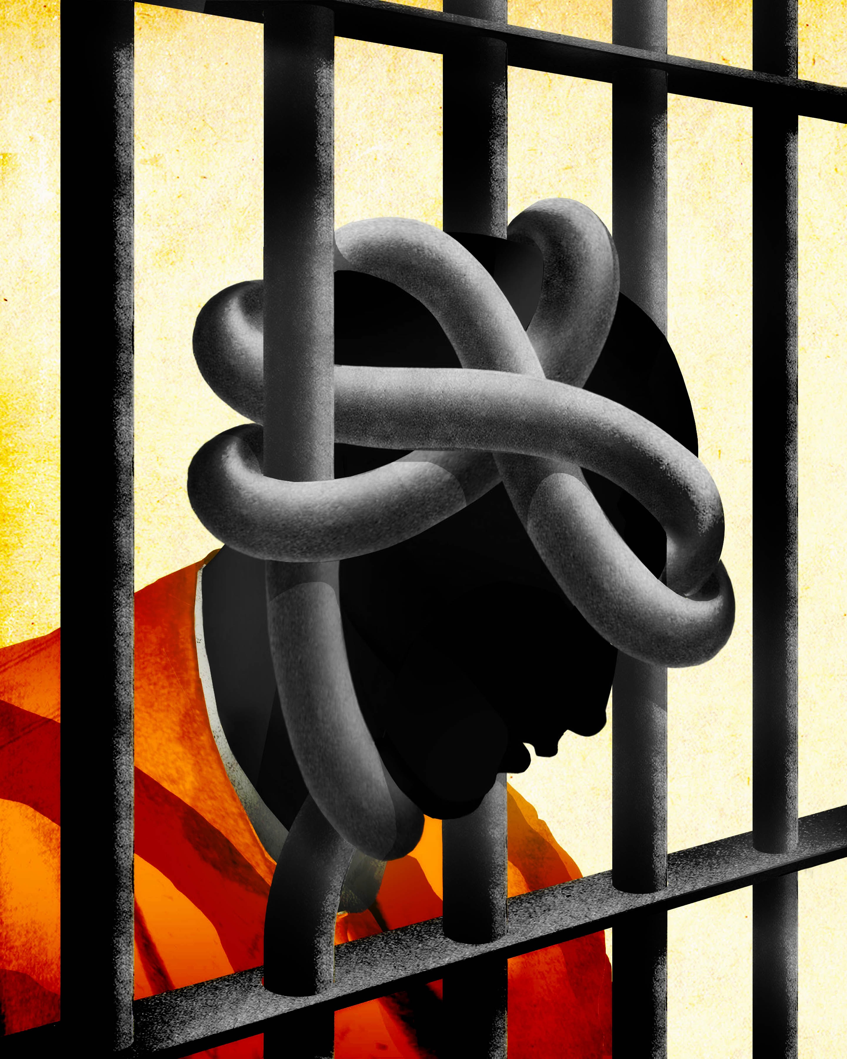 Knotted head behind bars conceptual illustration