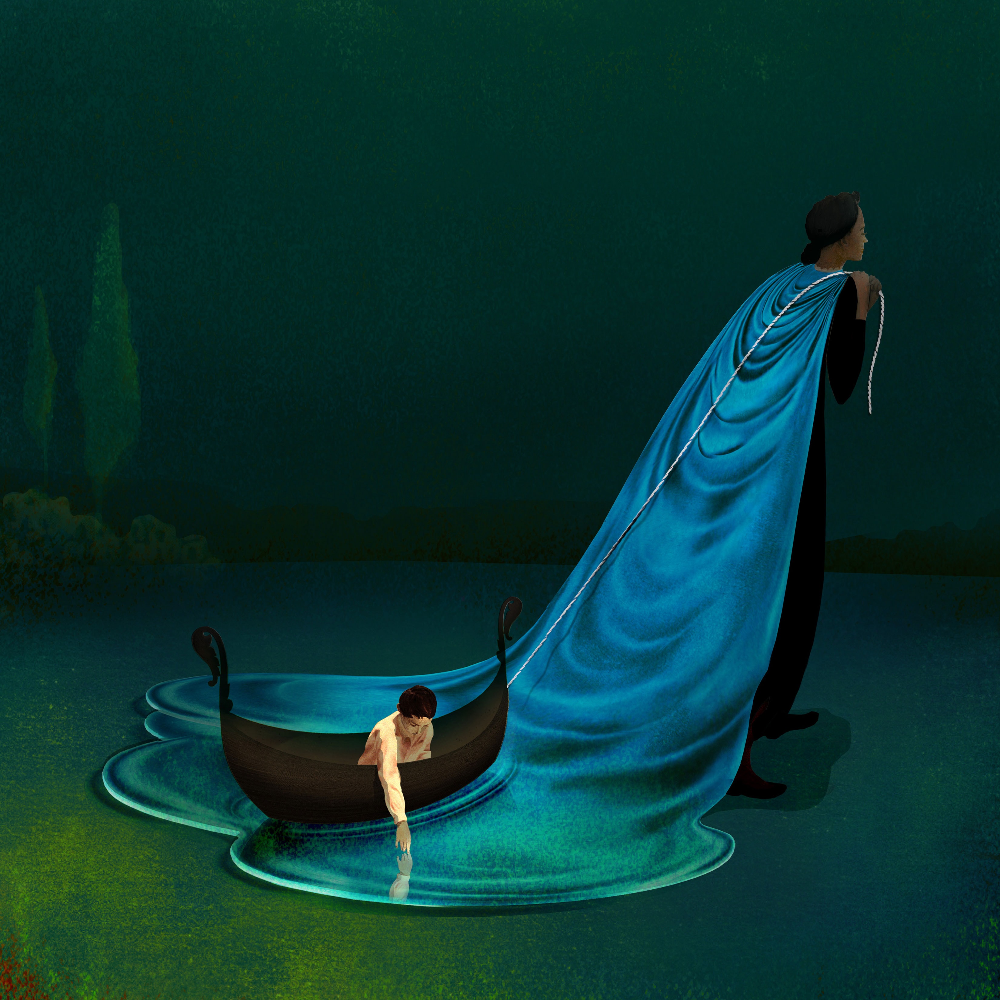 Surreal boat with blue drape illustration