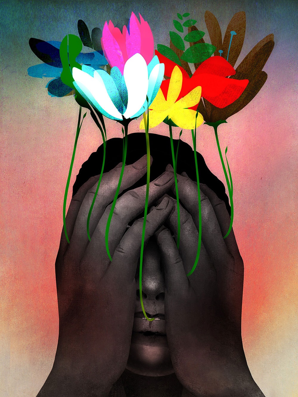 Hands holding colorful flowers