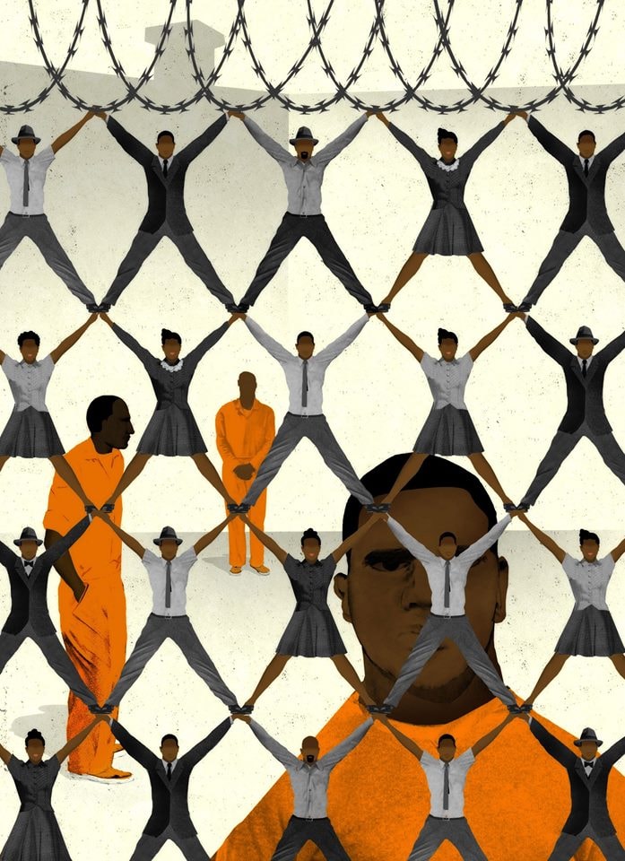 Crowd behind chain-link fence illustration