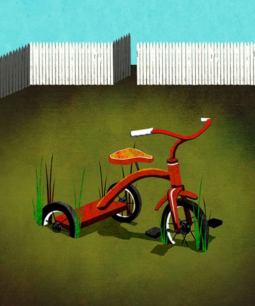 Red tricycle on green grass illustration