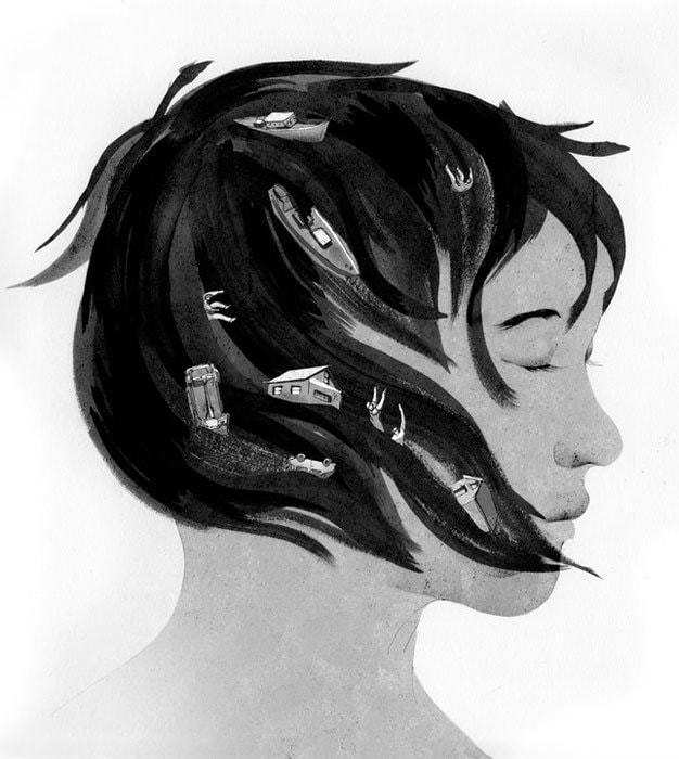 Portrait of woman with fish swimming in her hair illustration