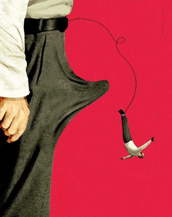 Man with puppet dangling from pocket illustration