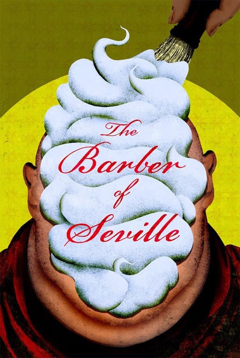 The Barber of Seville — bald head covered in swirling shaving cream with a brush applying it, red script title on olive-yellow background