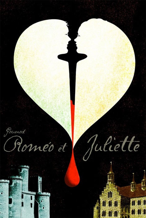 Roméo et Juliette opera poster — two silhouette profiles facing each other forming a heart shape with a sword and blood drop, dark background with castle silhouettes below — Gounod