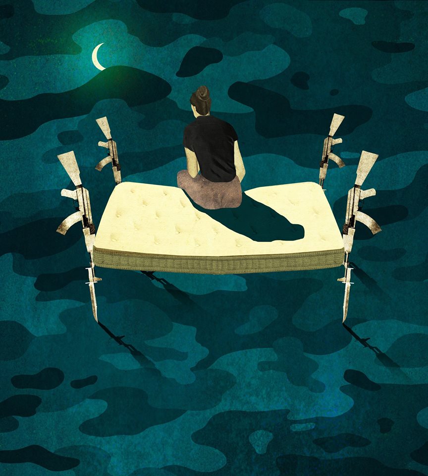 illustration by Brian Stauffer for Emory Medicine, about female war vets and PTSD-related insomnia.